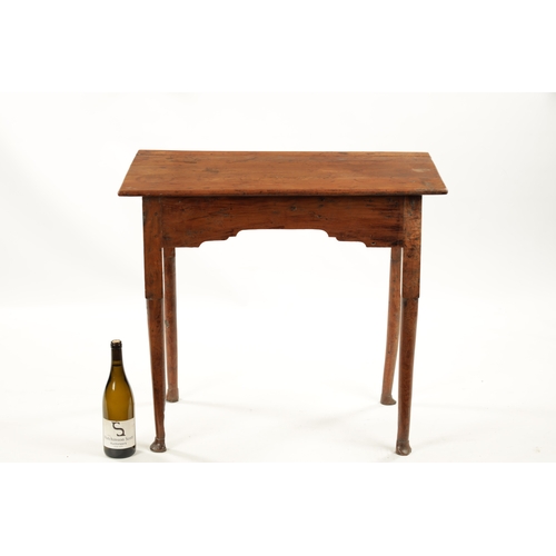 382 - AN EARLY 18TH CENTURY YEW WOOD SIDE TABLE the plank top above a shaped apron; raised on tapering tur... 