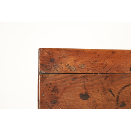 382 - AN EARLY 18TH CENTURY YEW WOOD SIDE TABLE the plank top above a shaped apron; raised on tapering tur... 