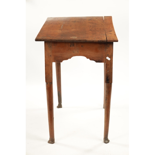 382 - AN EARLY 18TH CENTURY YEW WOOD SIDE TABLE the plank top above a shaped apron; raised on tapering tur... 