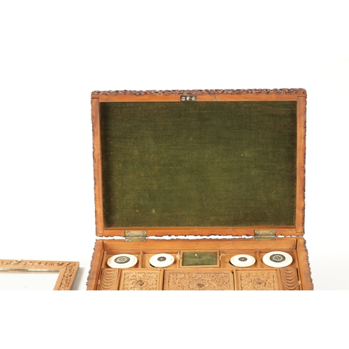 390 - A 19TH CENTURY INDIAN CARVED HARDWOOD SEWING BOX with fitted interior. (25cm wide 17.5cm deep 9.5cm ... 