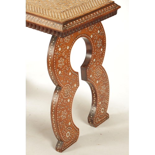 394 - A 19TH CENTURY INDIAN INLAID BONE AND HARWOOD SIDE TABLE of Mourish design with shaped end supports ... 