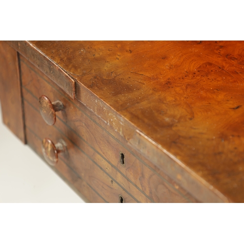 396 - A RARE MATCHED PAIR OF REGENCY BURR ELM WORK TABLES both with fold-down tops above frieze drawers an... 