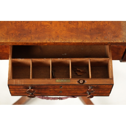 396 - A RARE MATCHED PAIR OF REGENCY BURR ELM WORK TABLES both with fold-down tops above frieze drawers an... 