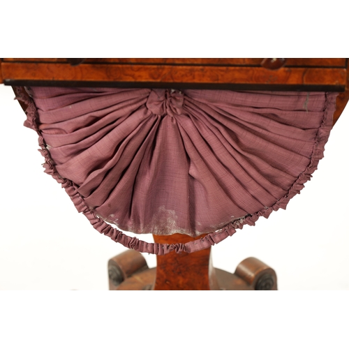 396 - A RARE MATCHED PAIR OF REGENCY BURR ELM WORK TABLES both with fold-down tops above frieze drawers an... 