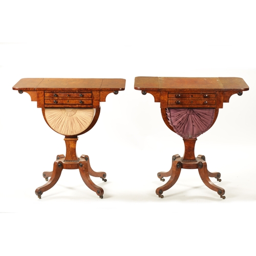 396 - A RARE MATCHED PAIR OF REGENCY BURR ELM WORK TABLES both with fold-down tops above frieze drawers an... 