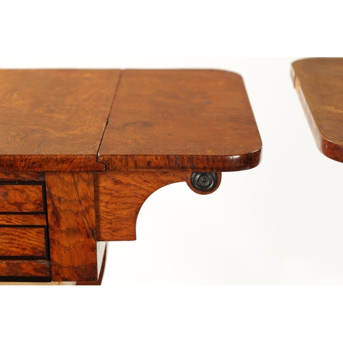 396 - A RARE MATCHED PAIR OF REGENCY BURR ELM WORK TABLES both with fold-down tops above frieze drawers an... 