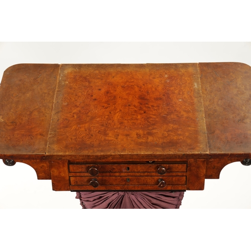 396 - A RARE MATCHED PAIR OF REGENCY BURR ELM WORK TABLES both with fold-down tops above frieze drawers an... 