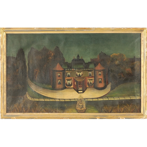 401 - A RARE PAIR OF 18TH CENTURY NAIVE OIL ON CANVAS depicting a colonial fortress and country house - in... 