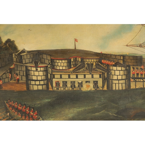 401 - A RARE PAIR OF 18TH CENTURY NAIVE OIL ON CANVAS depicting a colonial fortress and country house - in... 