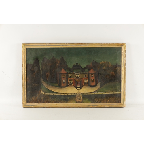 401 - A RARE PAIR OF 18TH CENTURY NAIVE OIL ON CANVAS depicting a colonial fortress and country house - in... 