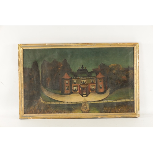 401 - A RARE PAIR OF 18TH CENTURY NAIVE OIL ON CANVAS depicting a colonial fortress and country house - in... 