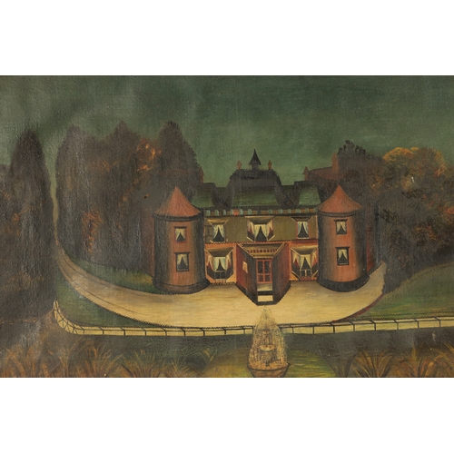 401 - A RARE PAIR OF 18TH CENTURY NAIVE OIL ON CANVAS depicting a colonial fortress and country house - in... 