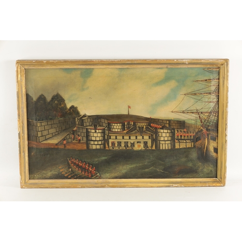 401 - A RARE PAIR OF 18TH CENTURY NAIVE OIL ON CANVAS depicting a colonial fortress and country house - in... 