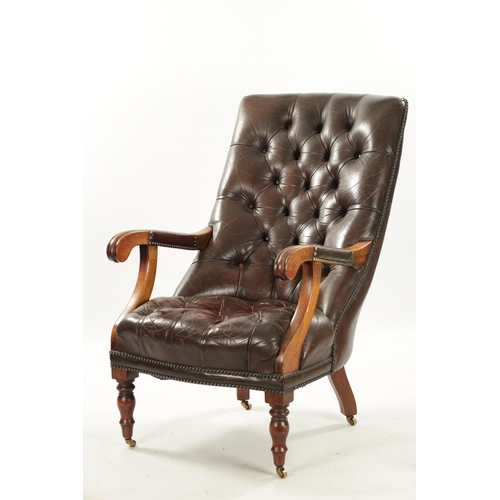 403 - A WILLIAM IV LEATHER BUTTON BACK LEATHER UPHOLSTERED MAHOGANY LIBRARY CHIAR raised on turned legs (5... 