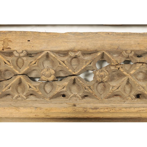 406 - TWO 17TH CENTURY GOTHIC FRETTED SECTION OF OAK FRIEZE (69cm and 60cm wide)