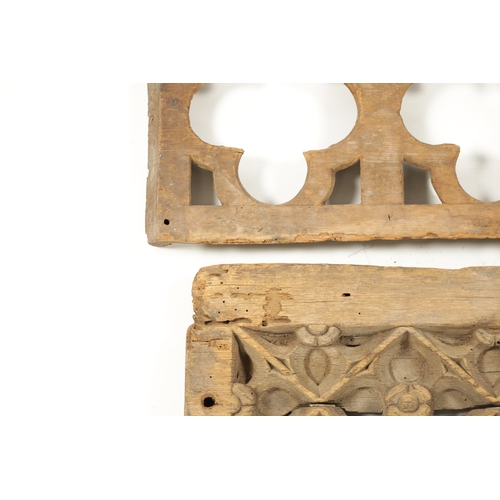 406 - TWO 17TH CENTURY GOTHIC FRETTED SECTION OF OAK FRIEZE (69cm and 60cm wide)