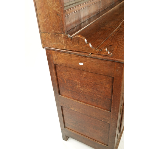 407 - A LATE 18TH CENTURY WELSH OAK DRESSER AND RACK with breakfront base having fitted drawers and side c... 