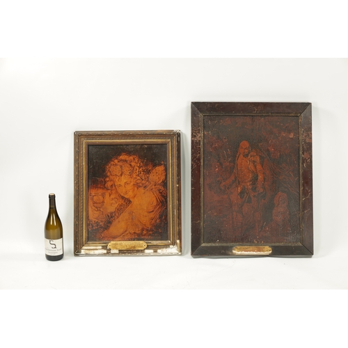 411 - TWO 19TH CENTURY POKERWORK PANELS with name plaques, depicting figures - framed (56cm high 48cm wide... 