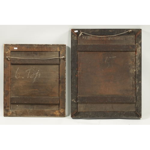 411 - TWO 19TH CENTURY POKERWORK PANELS with name plaques, depicting figures - framed (56cm high 48cm wide... 