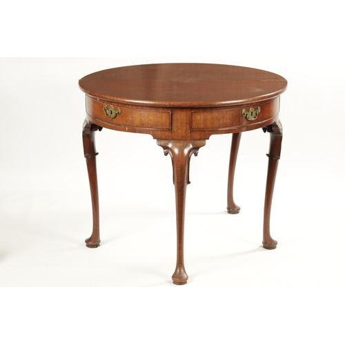 412 - A GEORGE II RED WALNUT FOLD-OVER TEA TABLE with two frieze drawers; raised on scrolled carved cabrio... 