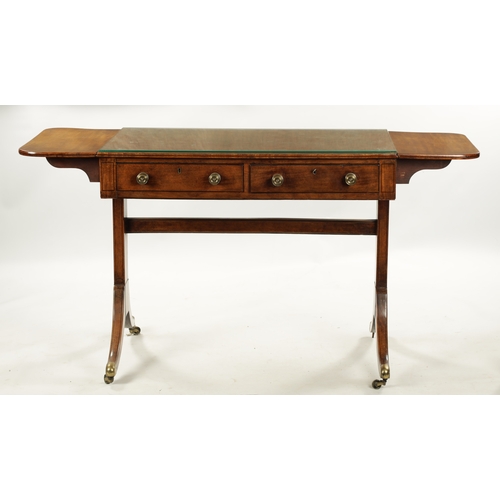 414 - A REGENCY MAHOGANY TWO DRAWER SOFA TABLE raised on a splayed foot base (91cm wide 54cm deep 71cm hig... 