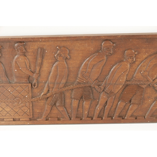 416 - A CAMEROON CARVED HARDWOOD PLAQUE OF SLAVES (94cm wide 21cm high)