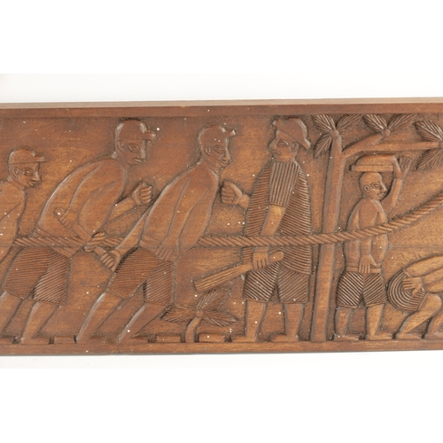 416 - A CAMEROON CARVED HARDWOOD PLAQUE OF SLAVES (94cm wide 21cm high)