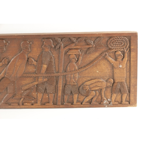 416 - A CAMEROON CARVED HARDWOOD PLAQUE OF SLAVES (94cm wide 21cm high)