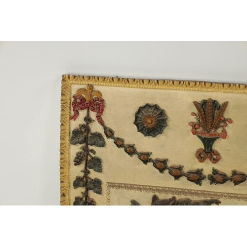 422 - A REGENCY STUCCO CLASSICAL PANEL with figures and leaf work decoration (61cm high 60cm wide)