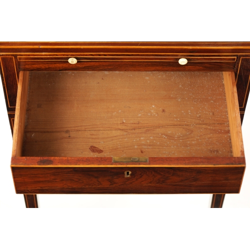 429 - A FINE REGENCY BOXWOOD STRUNG FIGURED ROSEWOOD WORK TABLE with lift up back, pull out slide and fitt... 