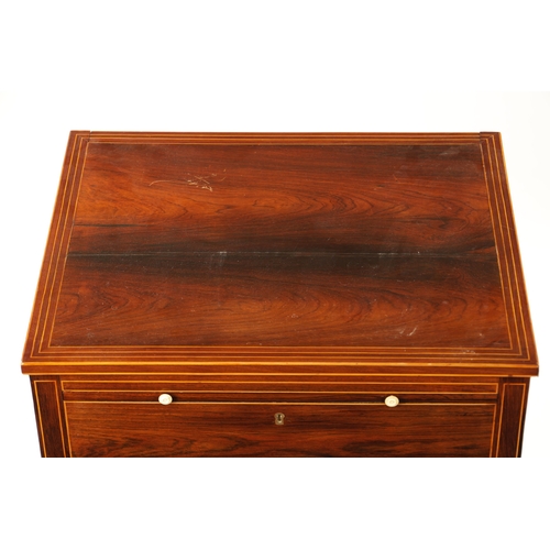 429 - A FINE REGENCY BOXWOOD STRUNG FIGURED ROSEWOOD WORK TABLE with lift up back, pull out slide and fitt... 