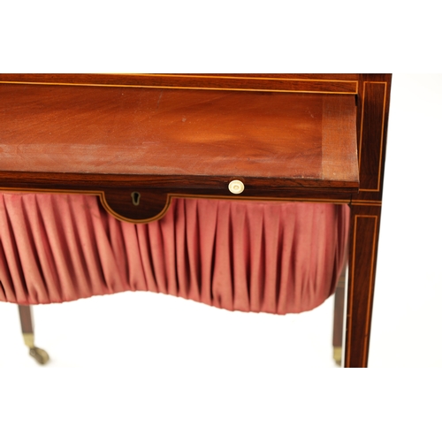 429 - A FINE REGENCY BOXWOOD STRUNG FIGURED ROSEWOOD WORK TABLE with lift up back, pull out slide and fitt... 