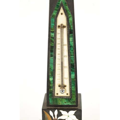 438 - A LARGE 19TH CENTURY ASHFORD SLATE AND INLAID MARBLE OBELISK THERMOMETER with bone dial and mercury ... 