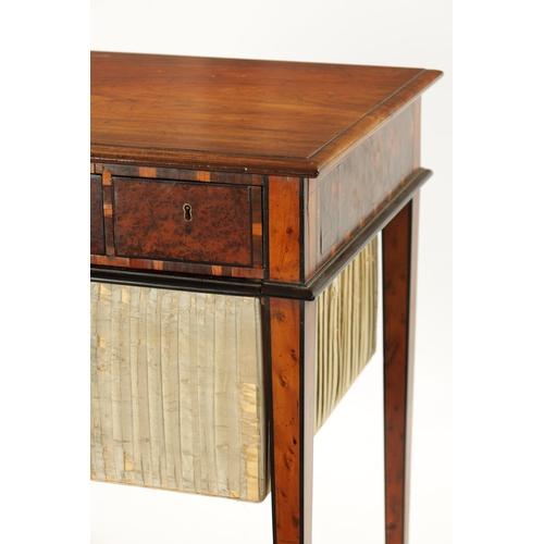 440 - AN RARE REGENCY PADOUK, YEW-WOOD AND AMBOYNA WORK TABLE with three freize drawers above a sewing bag... 