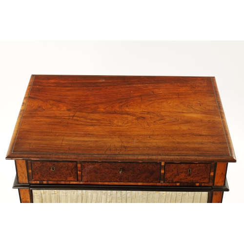 440 - AN RARE REGENCY PADOUK, YEW-WOOD AND AMBOYNA WORK TABLE with three freize drawers above a sewing bag... 