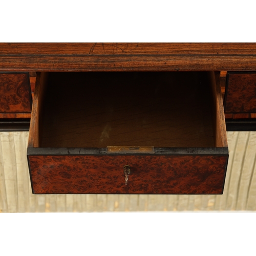 440 - AN RARE REGENCY PADOUK, YEW-WOOD AND AMBOYNA WORK TABLE with three freize drawers above a sewing bag... 