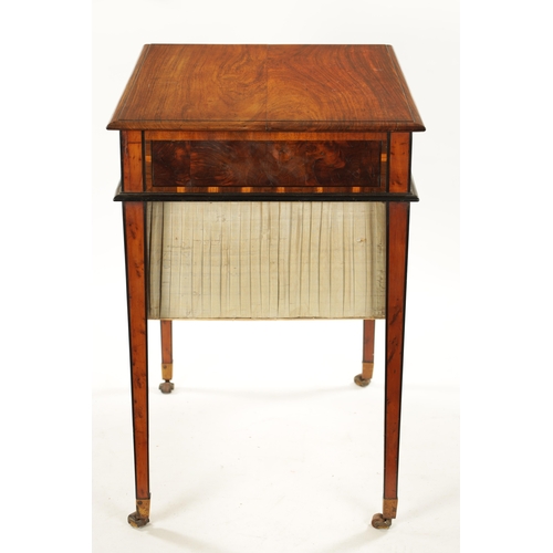 440 - AN RARE REGENCY PADOUK, YEW-WOOD AND AMBOYNA WORK TABLE with three freize drawers above a sewing bag... 