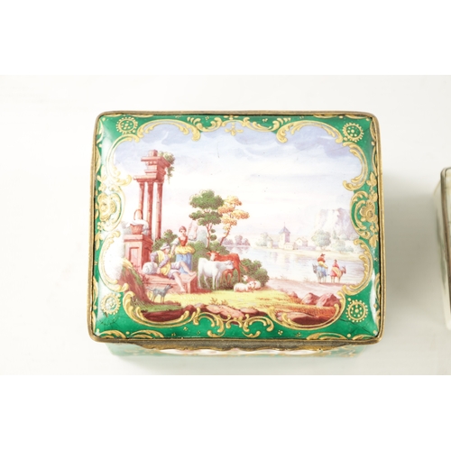 443 - A COLLECTION OF SEVEN ENAMEL LIDDED BOXES decorated with classical figure landscapes of various size... 