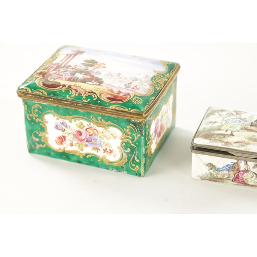 443 - A COLLECTION OF SEVEN ENAMEL LIDDED BOXES decorated with classical figure landscapes of various size... 