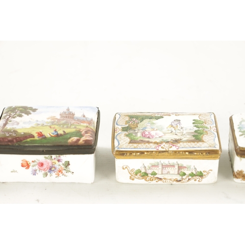 443 - A COLLECTION OF SEVEN ENAMEL LIDDED BOXES decorated with classical figure landscapes of various size... 