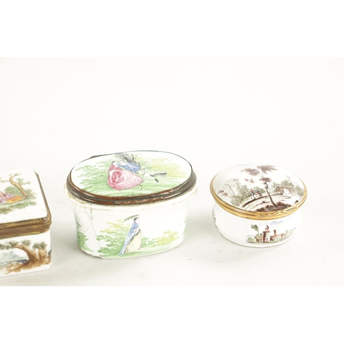 443 - A COLLECTION OF SEVEN ENAMEL LIDDED BOXES decorated with classical figure landscapes of various size... 