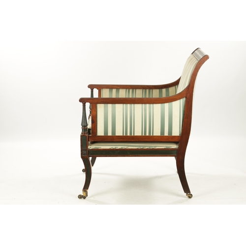 446 - A REGENCY STYLE 19TH CENTURY MAHOGANY LIBRARY CHAIR with painted decoration having reeded turned sup... 