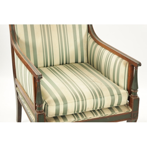 446 - A REGENCY STYLE 19TH CENTURY MAHOGANY LIBRARY CHAIR with painted decoration having reeded turned sup... 