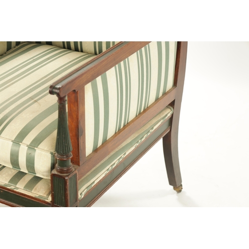 446 - A REGENCY STYLE 19TH CENTURY MAHOGANY LIBRARY CHAIR with painted decoration having reeded turned sup... 