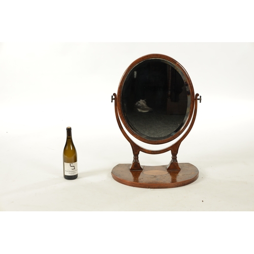 447 - A 19TH CENTURY OVAL POLLARD OAK TABLE MIRROR with bevelled mirror and inlaid base (69cm high 49cm wi... 