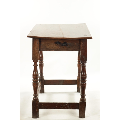 448 - A LATE 17TH CENTURY ELM SIDE TABLE with moulded top drawer; raised on ring turned legs joined by und... 