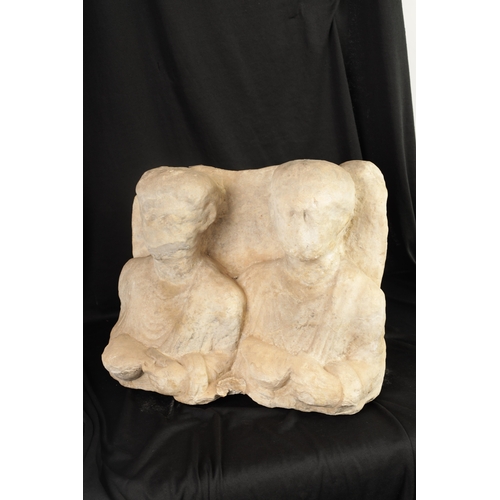 45 - A GREEK HELLENISTIC 2ND BC FUNERARY STELE depiciting two figures. (47cm wide 39cm high)