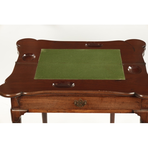 452 - A GEORGE II FIGURED MAHOGANY TRIPLE TOP FOLD-OVER GAMES TABLE with outset corners comprising a tea t... 