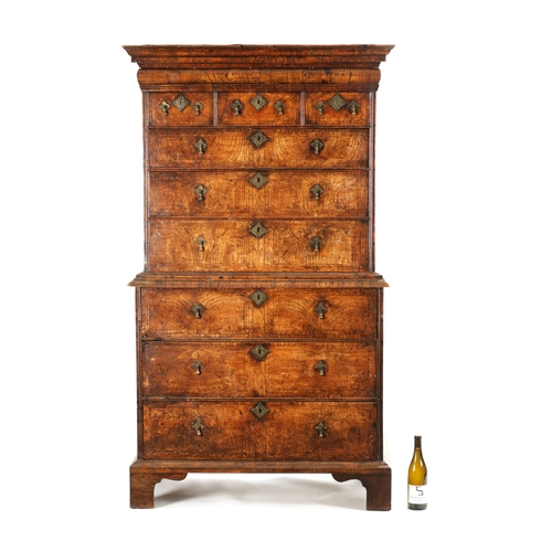 453 - A FINE WILLIAM AND MARY FIGURED ASH CHEST ON CHEST having a superb colour and polish with cushion to... 