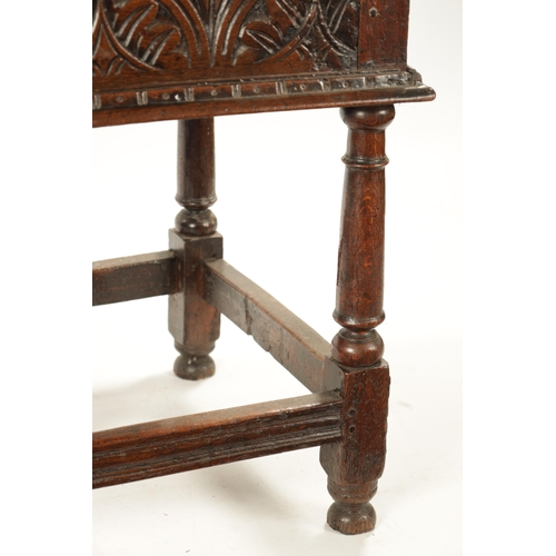 48 - A RARE 17TH CENTURY JOINED OAK BOX TOP SIDE TABLE the hinged top above a leaf carved arcaded frieze;... 